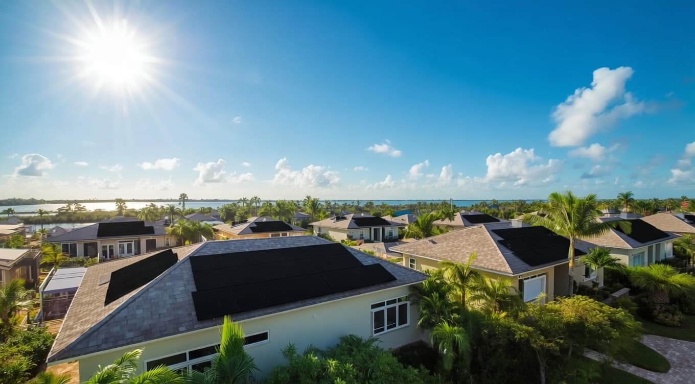 Aerial view of a Florida neighborhood with solar panels installed on rooftops
